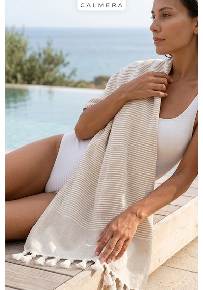 Calmera Çizgili Peştemal Pamuk - Doğal Saçaklı Plaj, Deniz, Havuz, Spa, Sauna, Spor, Seyahat Havlu - Bej