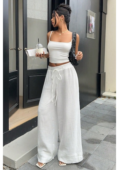 Tarz Cool Kadın Müslin Yüksek Bel Bol Paça Beli Lastikli Pantolon Beyaz