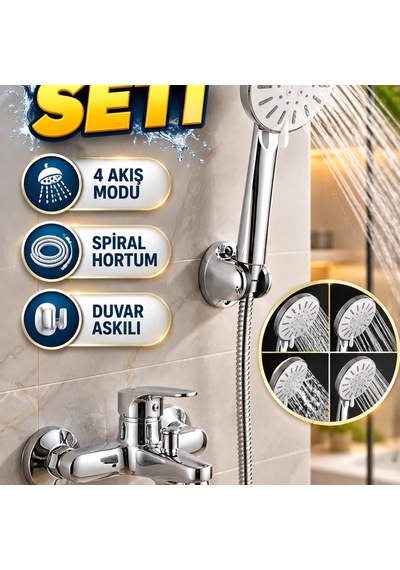 4 Akış Modlu Krem El Duşu Seti Spiral Hortum Ve Duvar Askılı Çok Renkli