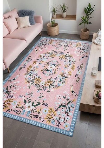 Velda Çiçekli Şönil Kaymaz Doğal Pamuk Tabanlı Yıkanabilir Antibakteriyel Çevre Dostu Salon Halısı 200x300 Diğer
