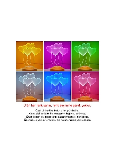3D Led Lamba Sevgililer Günü Hediyesi Klasik Kalpler Kişiye Özel