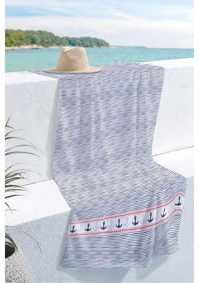 Çizgili Çapa Marine Plaj Havlusu - Lacivert Beyaz Nautical Modern Hızlı Kuruyan Mikrofiber Havlu Bulut Köpüğü