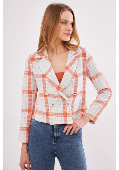 Armonika Kadın Turuncu-mavi Kruvaze Yaka Tüvit Crop Ceket Arm-24k001014