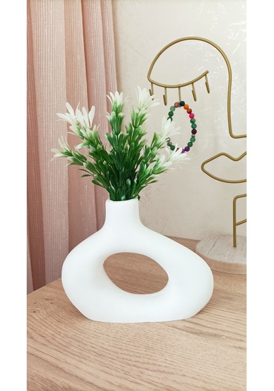 Mini Beton Saksı - Yapay Çiçekli - Beyaz