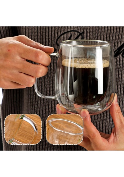 Borosilikat 2 Adet Çift Cidarlı Kupa Bardak, 250 Ml Kulplu Cam Çay Kahve Süt Kupa Borosilikat Bardak çok renkli