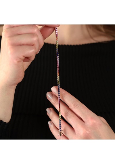 Renkli Sıra Taşlı Su Yolu Rose Gold Kaplama Gümüş Bileklik Gümüş