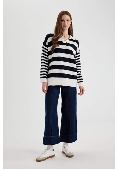 Defacto Regular Fit Çizgili Polo Yaka Tişört Tunik C2850AX24SPNV243 Lacivert
