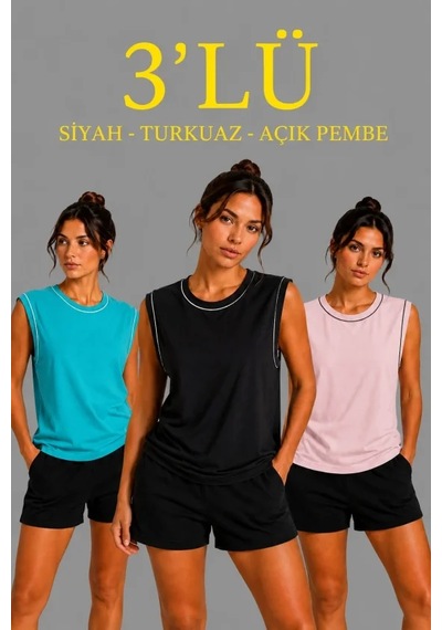 Modi 3 Lü Kolsuz Sporcu Atlet Seti Yazlık Bisiklet Yaka - Siyah, Turkuaz, Pembe Açık Krem - Siyah Modi 3 Lü Kolsuz Sporcu Atlet Seti Yazlık Bisiklet Yaka - Siyah, Turkuaz, Pembe Açık Krem - Siyah