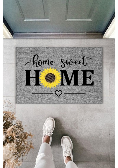 Rugmood Modern Dijital Baskı Paspas - Home Sweet Home Papatya - Kapı Önü Paspası 70x45cm Gri