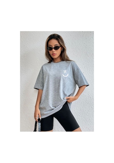 Medinenur Gülen Yüz Baskı Unisex T-shirt Gri