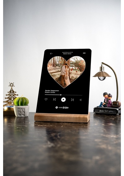 Siyah Kalp Spotify Fotoğraflı Sevgiliye Masa Ev Dekor Dekoratif Ahşap Obje