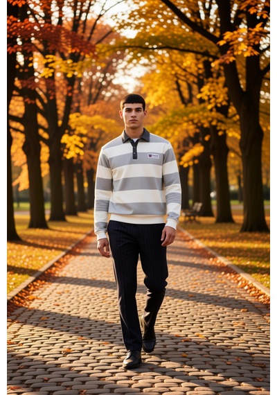 Benerly Erkek Polo Yaka Standart Kol Çizgili Sweatshirt Fonksiyonel Dayan Ekru