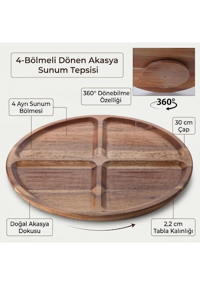 4 Bölmeli 360 Dönerli Akasya Ahşap Sunum Tabağı, 30 Cm Çap, 2,2 Cm Kalınlık, Yuvarlak Servis Tepsisi, Peynir, Kuruyemiş Ve Atıştırmalık İçin, 1 Adet