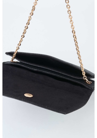 Vivaq Kadın Siyah Simli Zarf Tasarım 2 Bölmeli Mini Zincir Askılı Çıt Çıt Kapama Clutch Ve El Çantası