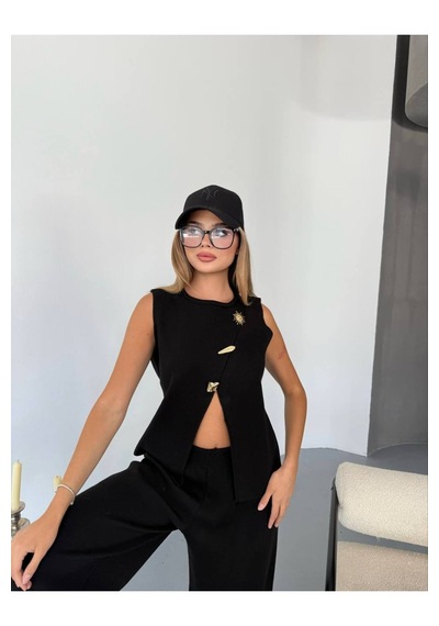 Kechi Woman Gold Aksesuarlı Triko Takım Siyah