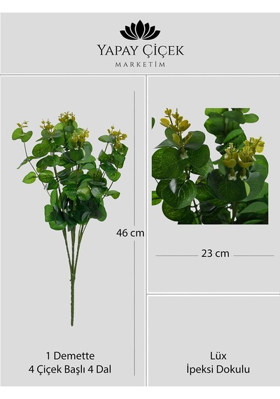 Yeşil Yapay Okaliptus Demeti 4 Dallı Lüx İpeksi Dokulu 46 Cm