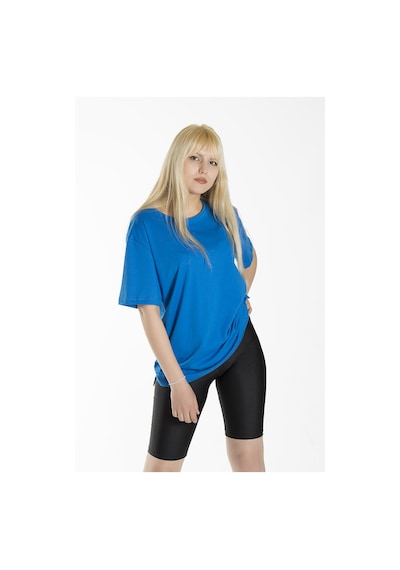 Kadın Mavi Basic Bisiklet Yaka Oversize Pamuklu T-shirt Mavi