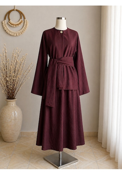 Efulim Womens Sade Broşlu Kuşaklı Alt-üst İkili Tesettür Takım Mürdüm