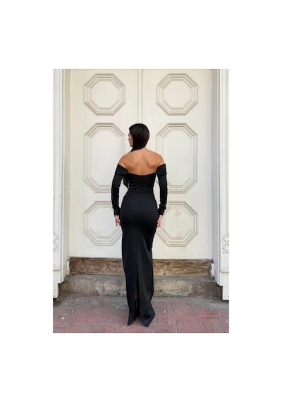 DefyModa Kadın El Emeği Dik Yaka Payetli Maxi Uzun Kollu Abiye Elbise Siyah