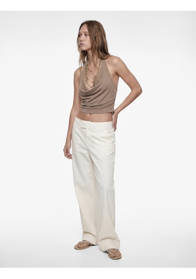 Koton Kolsuz Degaje Yaka Slim Fit Crop Bluz Bej 6sal30005ık Ekru