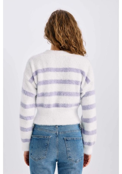 DeFacto Regular Fit Çizgili Bisiklet Yaka Triko Kazak R1285AZ24CWPR68 Mor