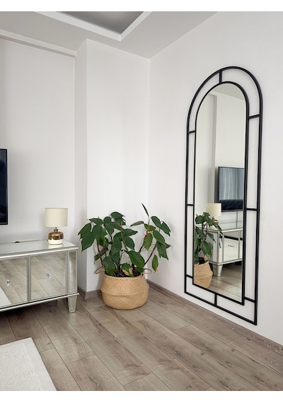 Effe Siyah Metal Çerçeveli 180x70 Cm Pencere Model Oval Ayaklı Boy Aynası
