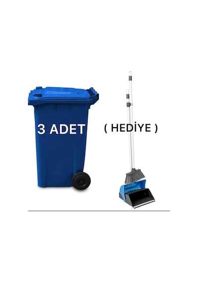 3 Adet Plastik Çöp Konteyneri 240 Lt Isıya Karşı Dayanıklı Kapaklı Faraş Hediyeli Mavi
