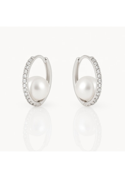 White Gold Plated Pearl Ball Hoop Küpe Silver