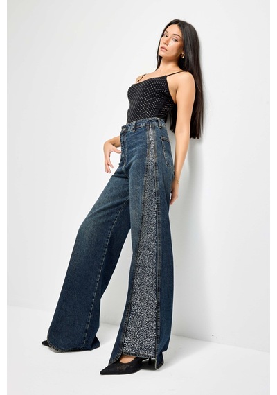 Itsbasic Kadın T.kot Rengi 2w49 Parlak Taş Detaylı Wide Leg Fit Tasarım Denim Jean Kırmızı