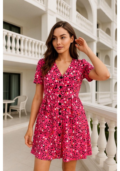 Rich Kadın Pembe Desenli Cep Detaylı Trend Elbise - Boydan Düğmeli Kısa Kollu Mini Elbise Pembe Rich Kadın Pembe Desenli Cep Detaylı Trend Elbise - Boydan Düğmeli Kısa Kollu Mini Elbise Pembe