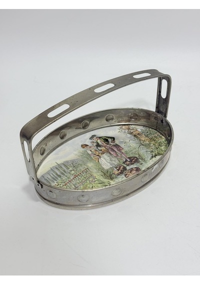 Antika Gümüş Kaplama Porselen Tabanlı Tepsi 23x11cm