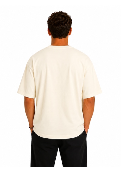 Vasto Moda Erkek Oversize Kalın Dokulu %100 Organik Pamuk Bisiklet Ribana Yakalı Ekru T-shirt