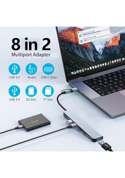 Moddestore 8 İn 2 Usb Type-c To Usb A, Usb C, Sd/tf Kart Okuyucu Macbook Ve Laptop Uyumlu Çok