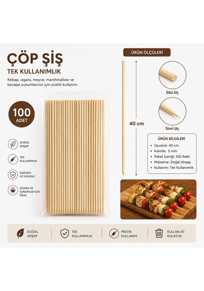 100 Adet 40 Cm Çöp Şiş Ahşap Tek Kullanımlık Mangal Şişi Uzun Çöp Şiş Barbekü Izgara Fırın Uyumlu Marshmallow Şiş Çubuk