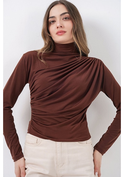 Hiccup Bdart Drape Detaylı Vücuda Oturan Dik Yaka Bluz Mocha Kahvesi