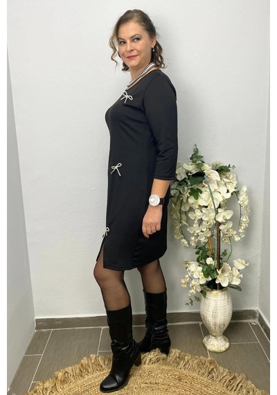 Mia Butik Kadın Siyah Broş Hediyeli Star Elbise Siyah