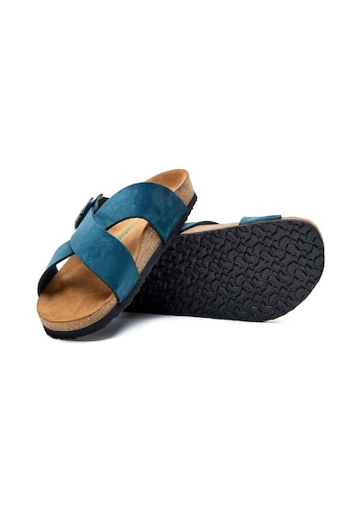 Comfortfusse Cross - Erkek Ortopedik Hakiki Deri Çift Bantlı Terlik Lacivert Nubuk Deri