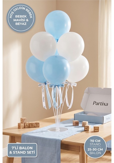 Erkek Bebek Hoş Geldin Bebek Balon Standı Seti 70 Cm Masa Standı 7 Adet Mat Lateks Balon Mavi Beyaz Çok Renkli