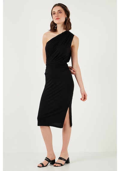 Lela Slim Fit Tek Omuzlu Yırtmaçlı Bağlama Detaylı Midi Bayan Elbise 5866272 Siyah