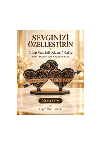 Kişiye Özel İsim Yazılı Ahşap Masaüstü Dekor 20x12 Cm - Söz, Nişan, Düğün Masası Dekoru & Sevgililer Günü Hediyesi Çift Kalp Ve Yüzük Figürlü Masa Süsü Kişiye Özel İsim Yazılı Ahşap Masaüstü Dekor 20x12 Cm - Söz, Nişan, Düğün Masası Dekoru & Sevgililer Günü Hediyesi Çift Kalp Ve Yüzük Figürlü Masa Süsü