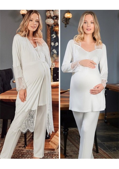 Bone Club 5109  ECRU Fantazi Dantelli Hamile Lohusa3 Lü Pijama Sabahlık Tk