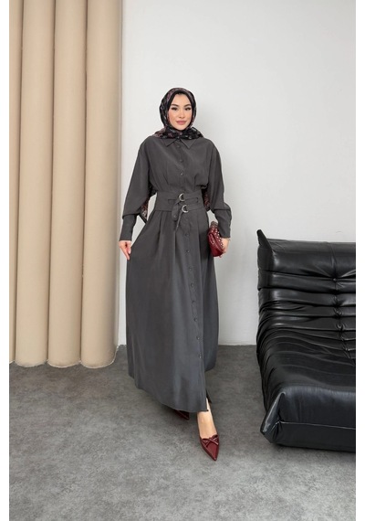 Mihran Butik Valeno Model Coupra Model Kumaş Kemer Detaylı Elbise Füme