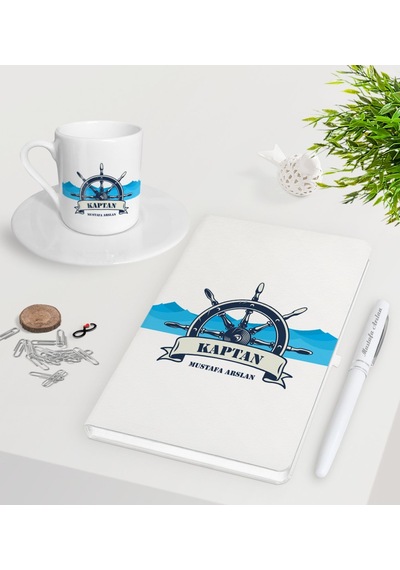 Kişiye Özel Kaptan Beyaz Defter Kalem Türk Kahvesi Fincanı Seti-9