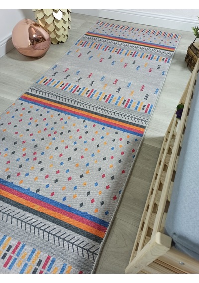 Gri Ve Çok Renkli Geometrik Desenli Modern Yolluk - Tk304ou