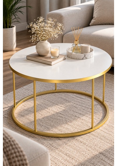 Sulorahome Beyaz Yuvarlak Çekmeceli Orta Sehpa Gold Ayaklı Altın - Beyaz