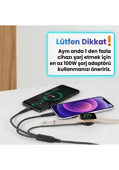 3 İn1 Apple Watch +type-c Lightning 3 Lü 100w A Kadar Hızlı Şarj Kablosu Aynı Anda 3 Cihaz