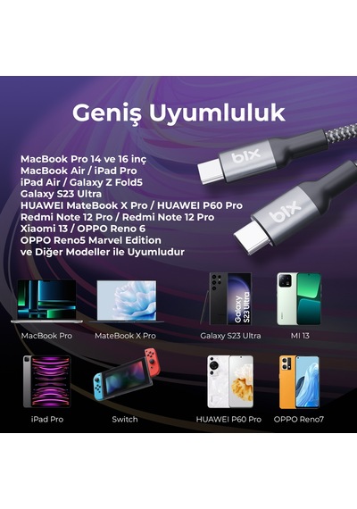 Bix BXCC241 240 W 1.8 M Metal Başlık Type-C Şarj Data Kablosu
