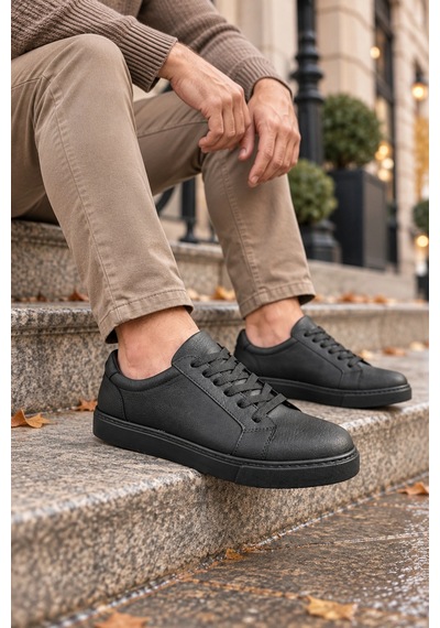 Mevese Etile Bağcıklı Cilt Erkek Günlük Sneaker Ayakkabı - Kömür