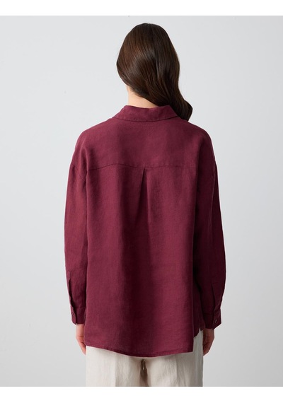 Jimmy Key Bordo %100 Keten Düz Kesim Uzun Kollu Dokuma Gömlek 5sw082558562