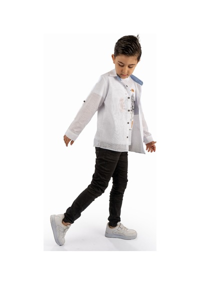 Mnk Baby & Kids Çift Cepli Gömlek , Pantolon , T-shirt 3parça Pamuklu Erkek Çocuk Takım Mnk965 Beyaz